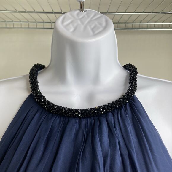 Carmen Marc Valvo Navy Blue Beaded Halter Silk Dress Size 4 Wedding Red Carpet - Picture 9 of 13